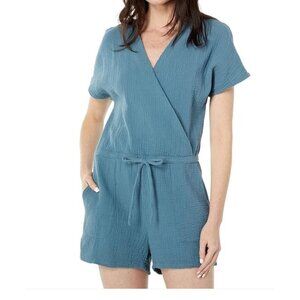 BOBI Drawstring Easy Romper in Beach Gauze sz L Blue Stone